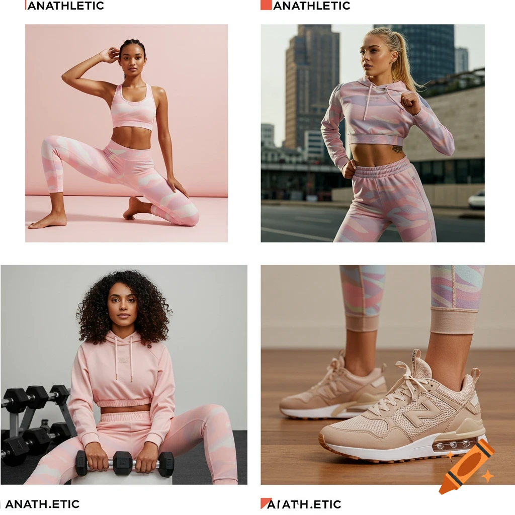 Models wearing pink and white athletic wear pose, run, and lift weights.