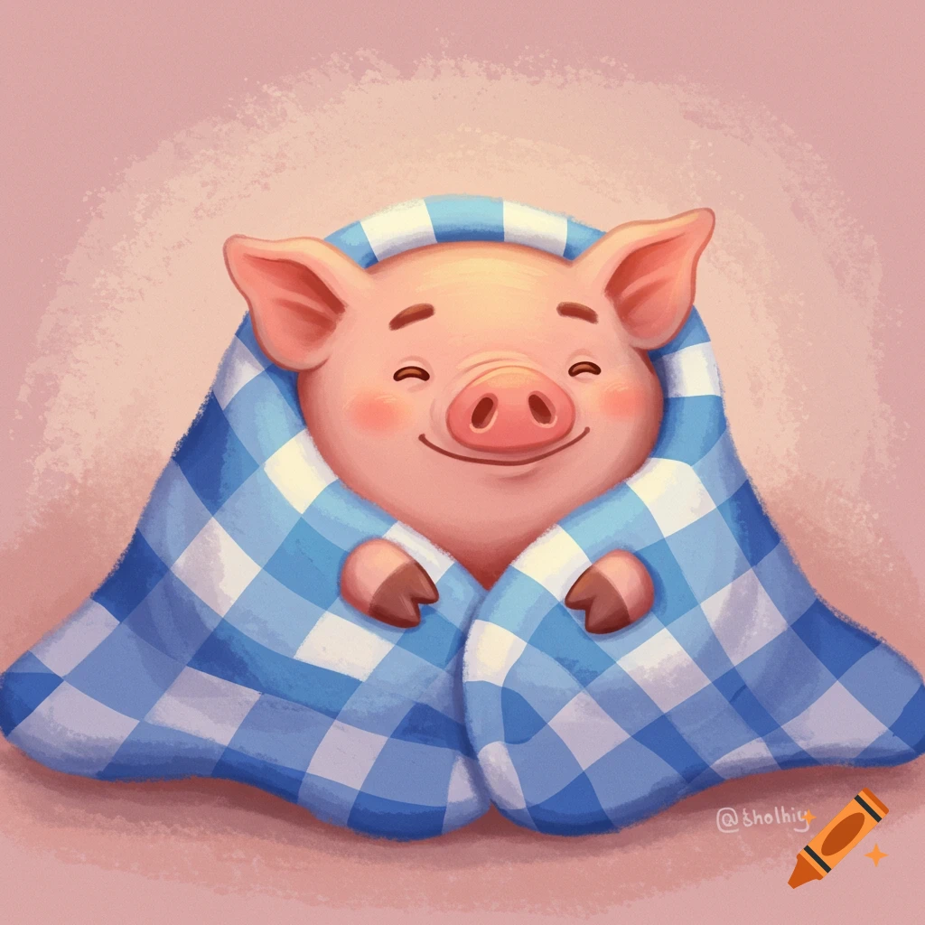 A cute cartoon pig is wrapped snugly in a blue and white checkered blanket.