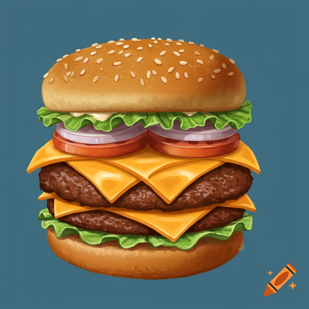 A large cheeseburger with lettuce, tomato, onion, and sesame seed bun.