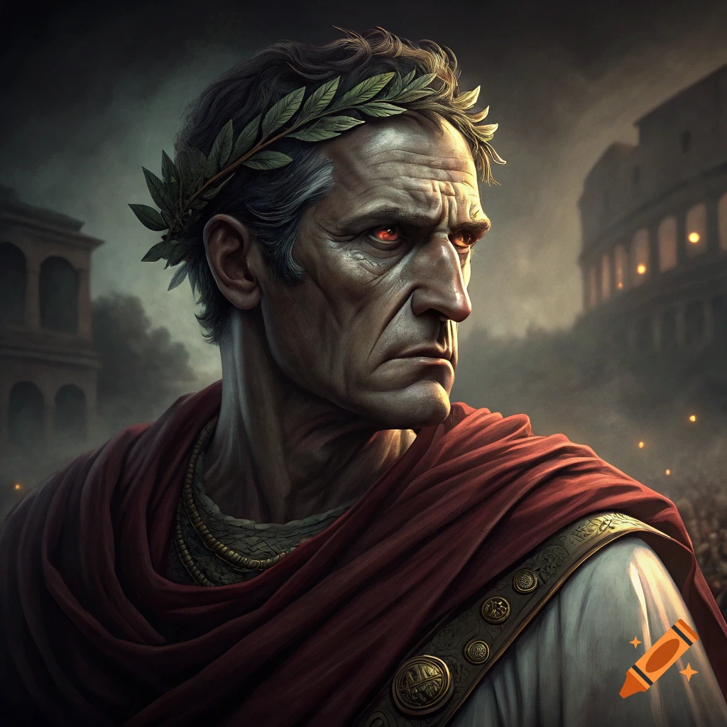 Close-up portrait of a stern man with red eyes and laurel wreath against Roman architecture backdrop