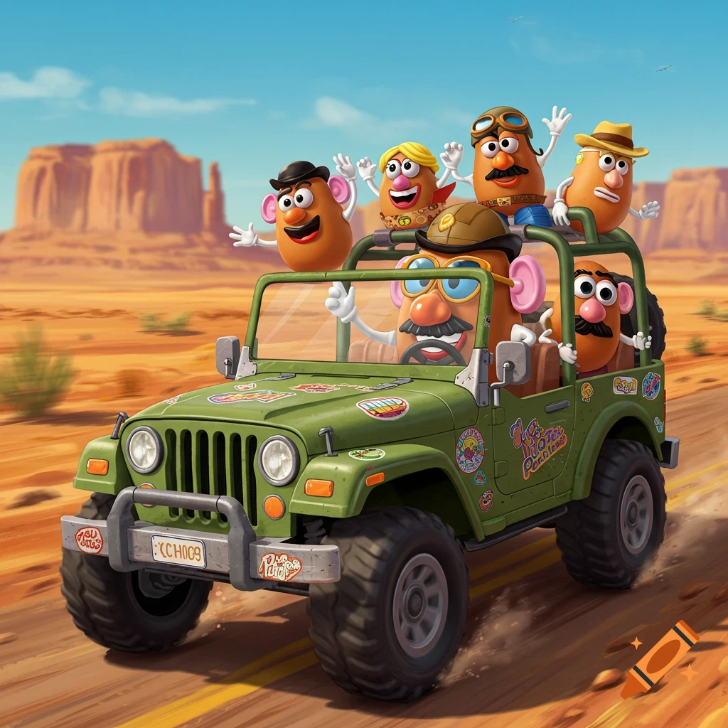 Mr. Potato Head and friends in a green jeep driving through a desert.