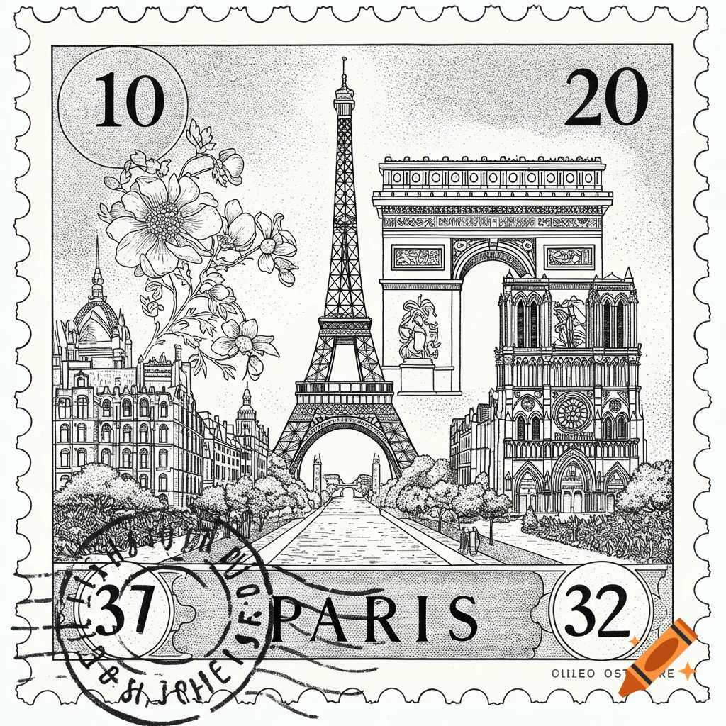 Line art drawing of Paris landmarks including Eiffel Tower and Notre Dame on a postage stamp.