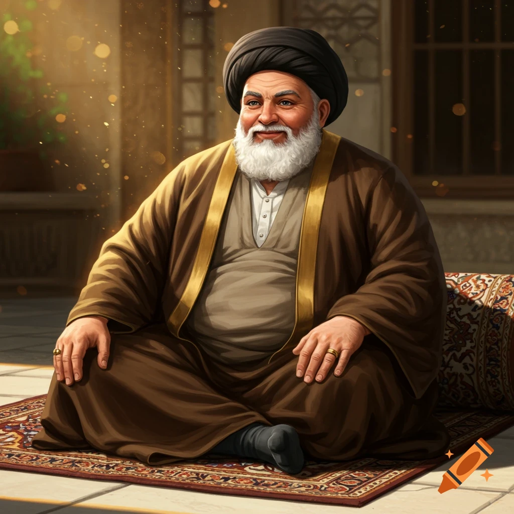 An elderly man with a white beard and black turban, wearing brown robes, sitting cross-legged on a patterned rug.