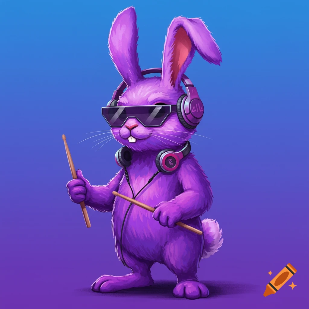A cool purple rabbit wearing sunglasses and headphones, holding drumsticks.