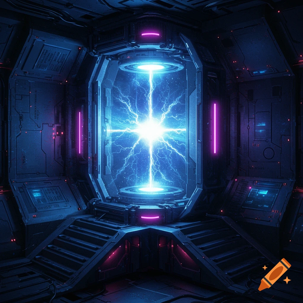 A science fiction teleportation machine emitting bright blue energy inside a dark, futuristic room with panels.