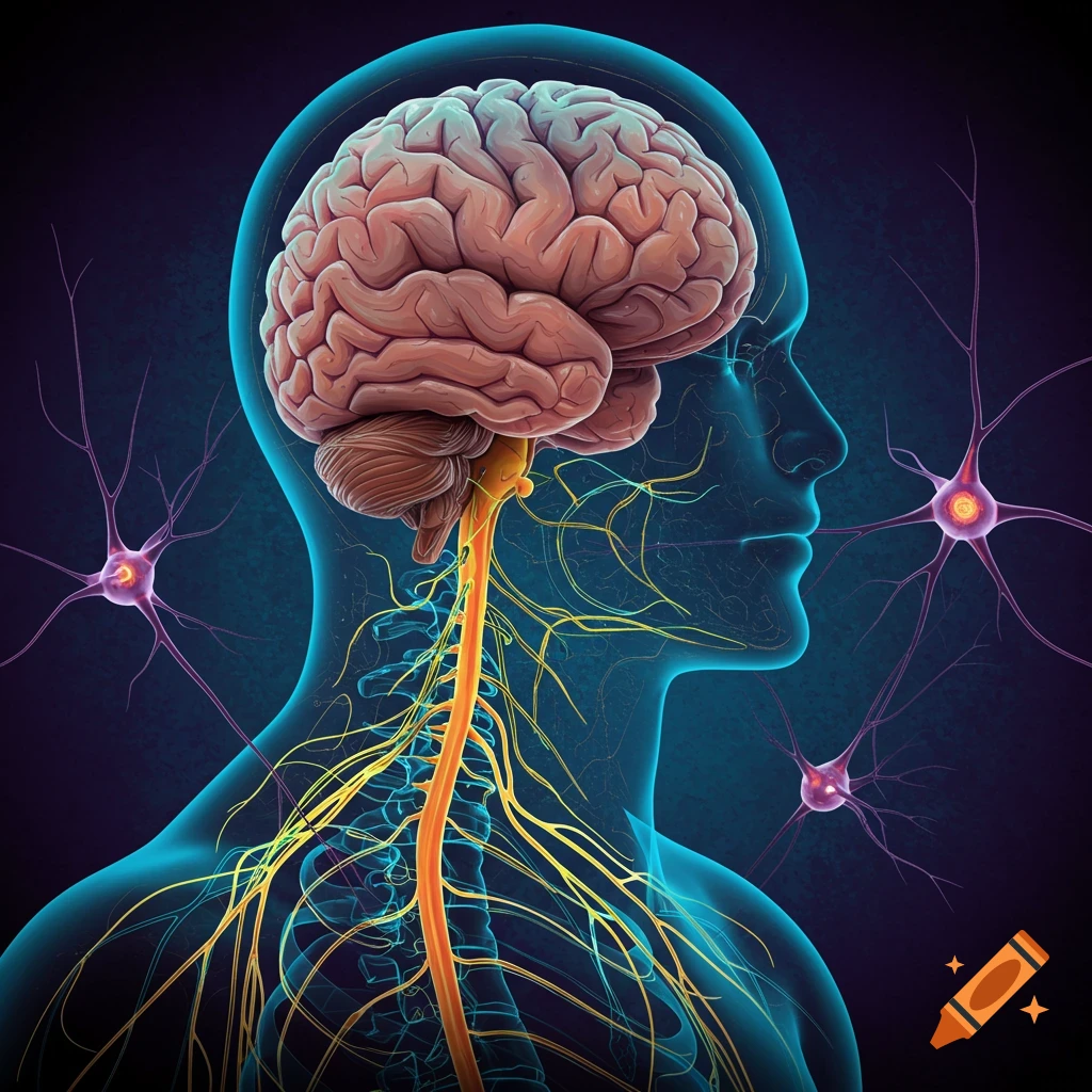 Digital illustration of the human brain, spinal cord, and nervous system with glowing nerves and neurons.