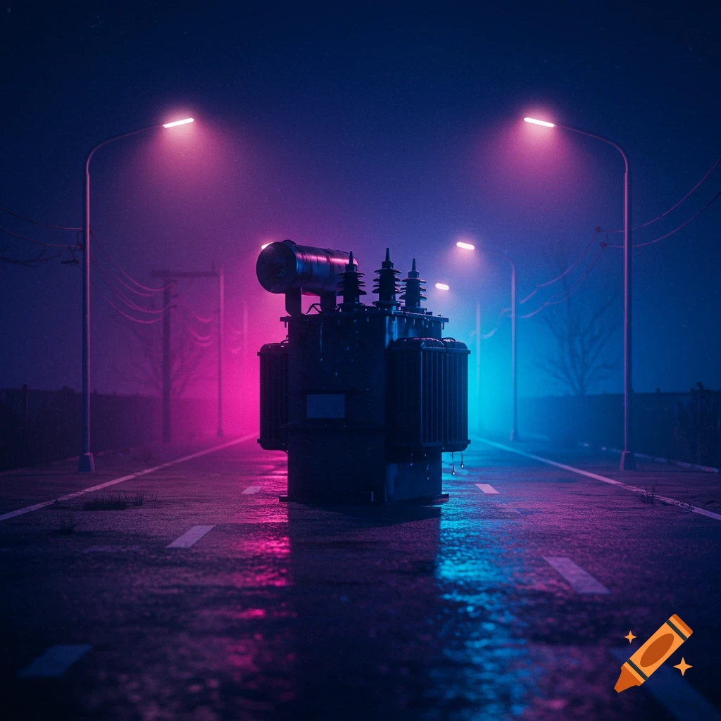 A utility transformer sits on a wet street at night, illuminated by pink and blue neon lights.