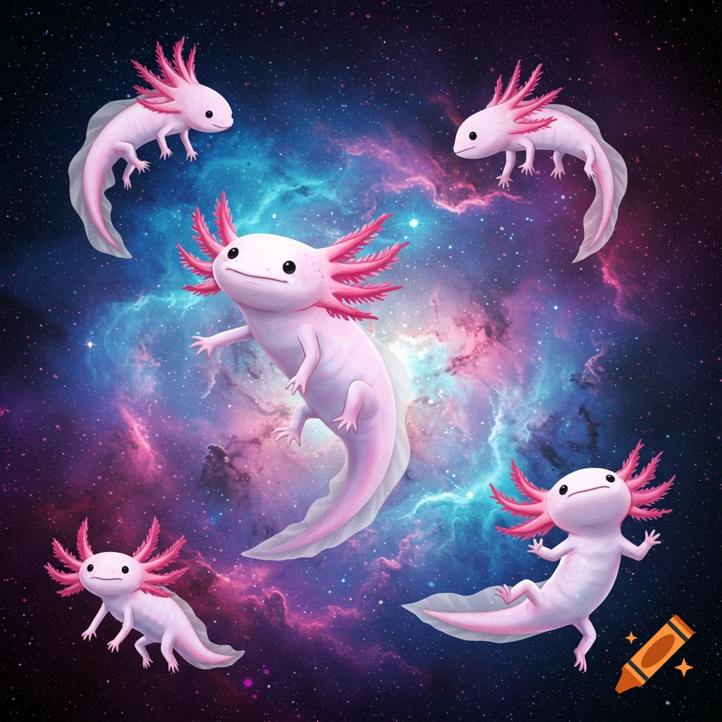 Multiple pink axolotls floating in outer space among stars and nebulae.