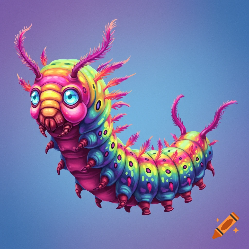 A brightly colored cartoon caterpillar with feathery antennae.