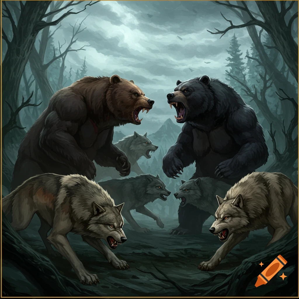 Two bears and four wolves facing each other in a dark forest, ready to fight.