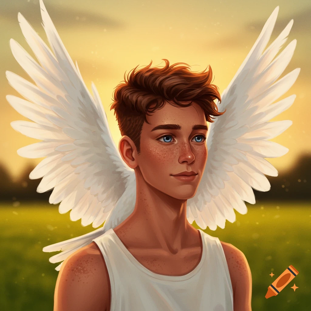A young male figure with white wings is in a sunny field.