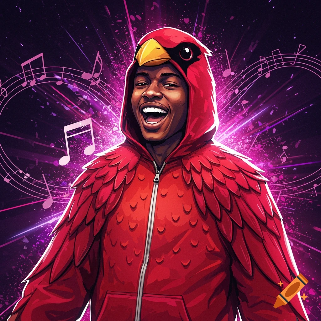 Illustration of a person in a red cardinal bird costume hoodie smiling, with musical notes in the background.