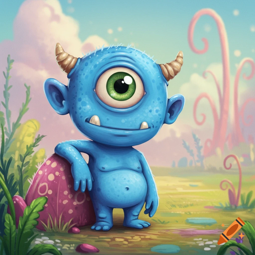 A cute, blue, one-eyed monster with horns leans on a pink rock in a colorful fantasy landscape. Illustration style.