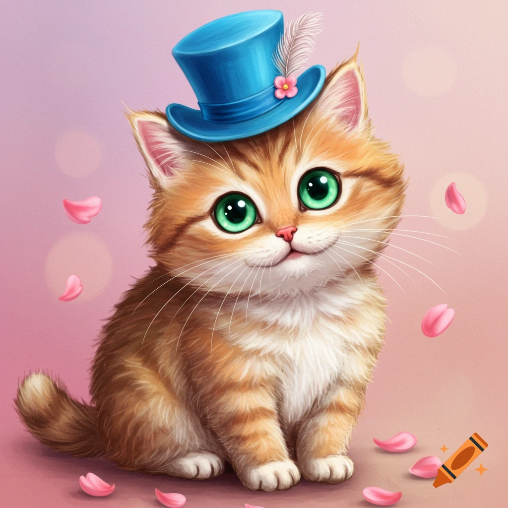 A cute ginger kitten wears a blue top hat with pink petals floating around.