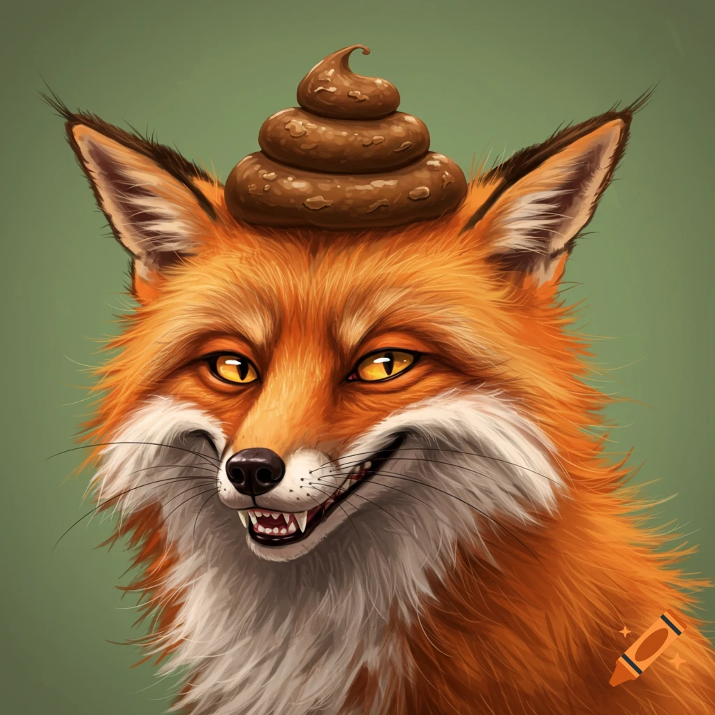 A mischievous fox with a pile of poop on its head.