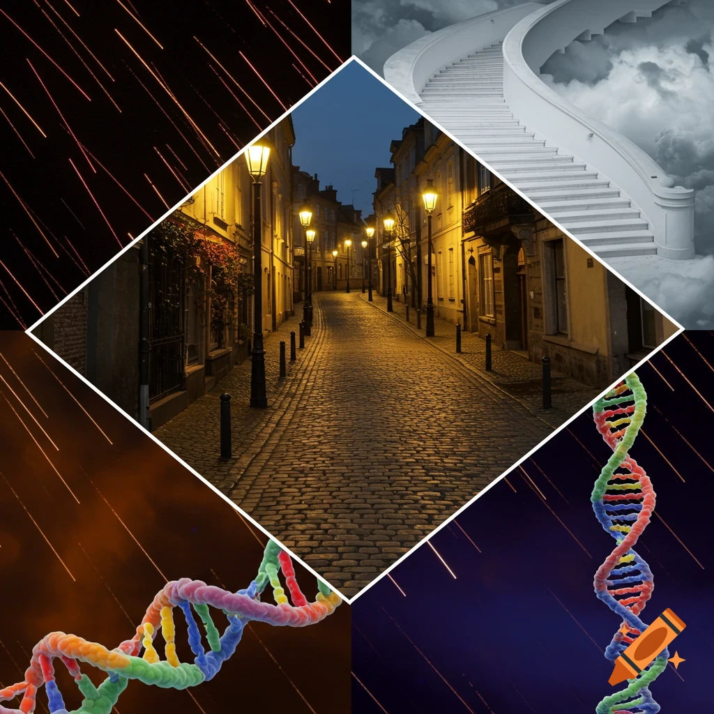 A collage featuring a night street scene, a staircase in clouds, and a DNA helix against a dark sky with streaks.