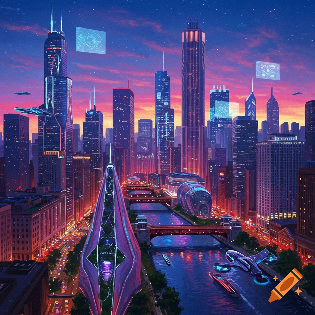 A futuristic city with tall skyscrapers, a river, flying cars, and a sunset sky.