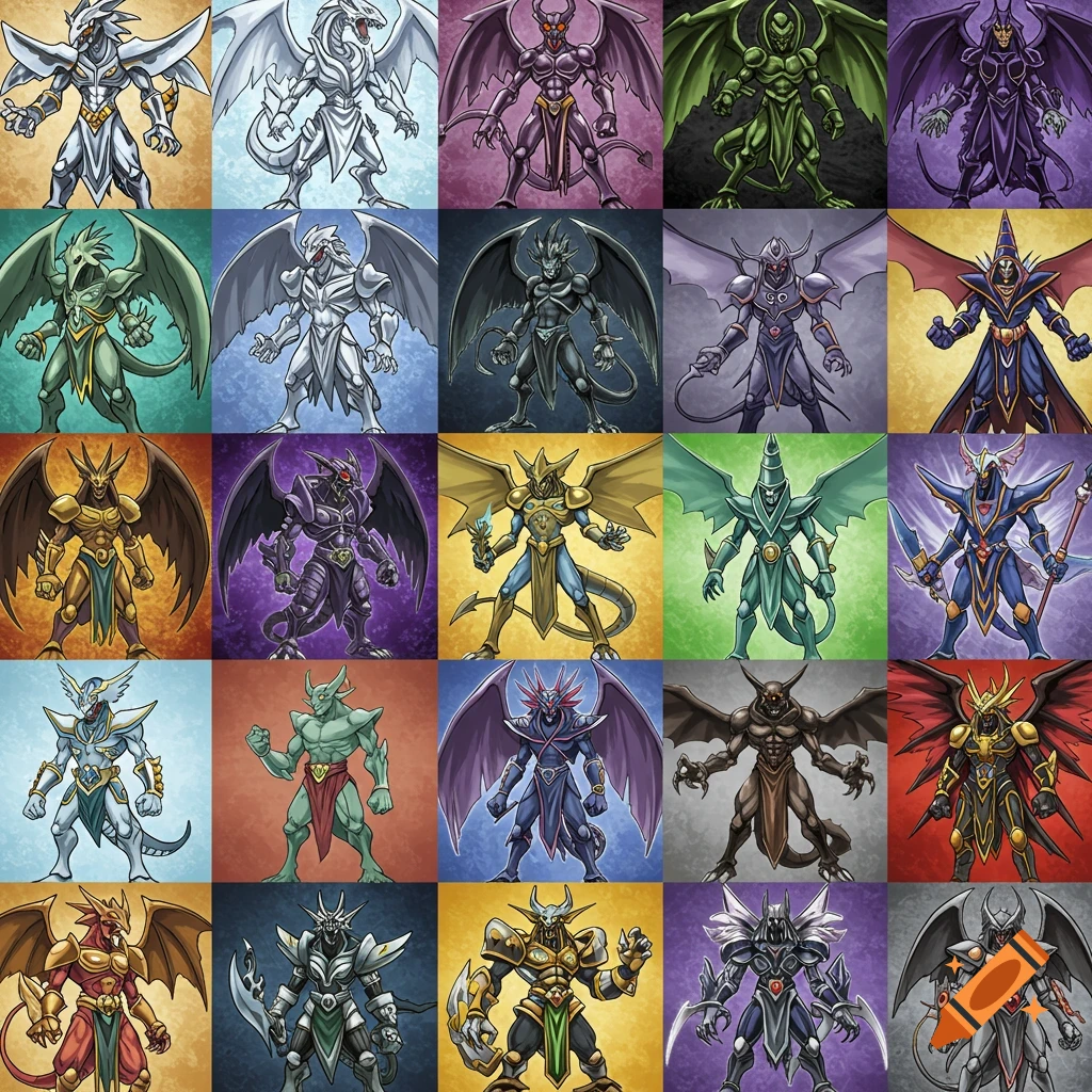 Grid of stylized fantasy monster characters with colored backgrounds