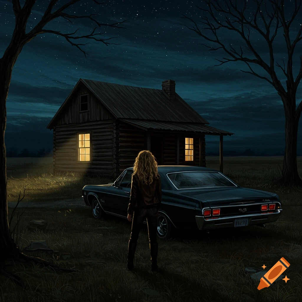 A woman stands by a black car, facing a lit log cabin under a starry night sky.
