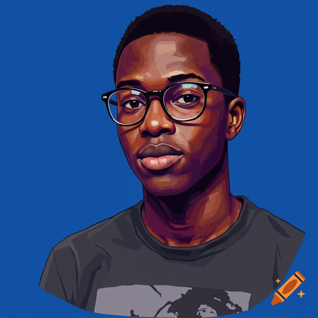 Portrait of a young black man with glasses against a blue background.