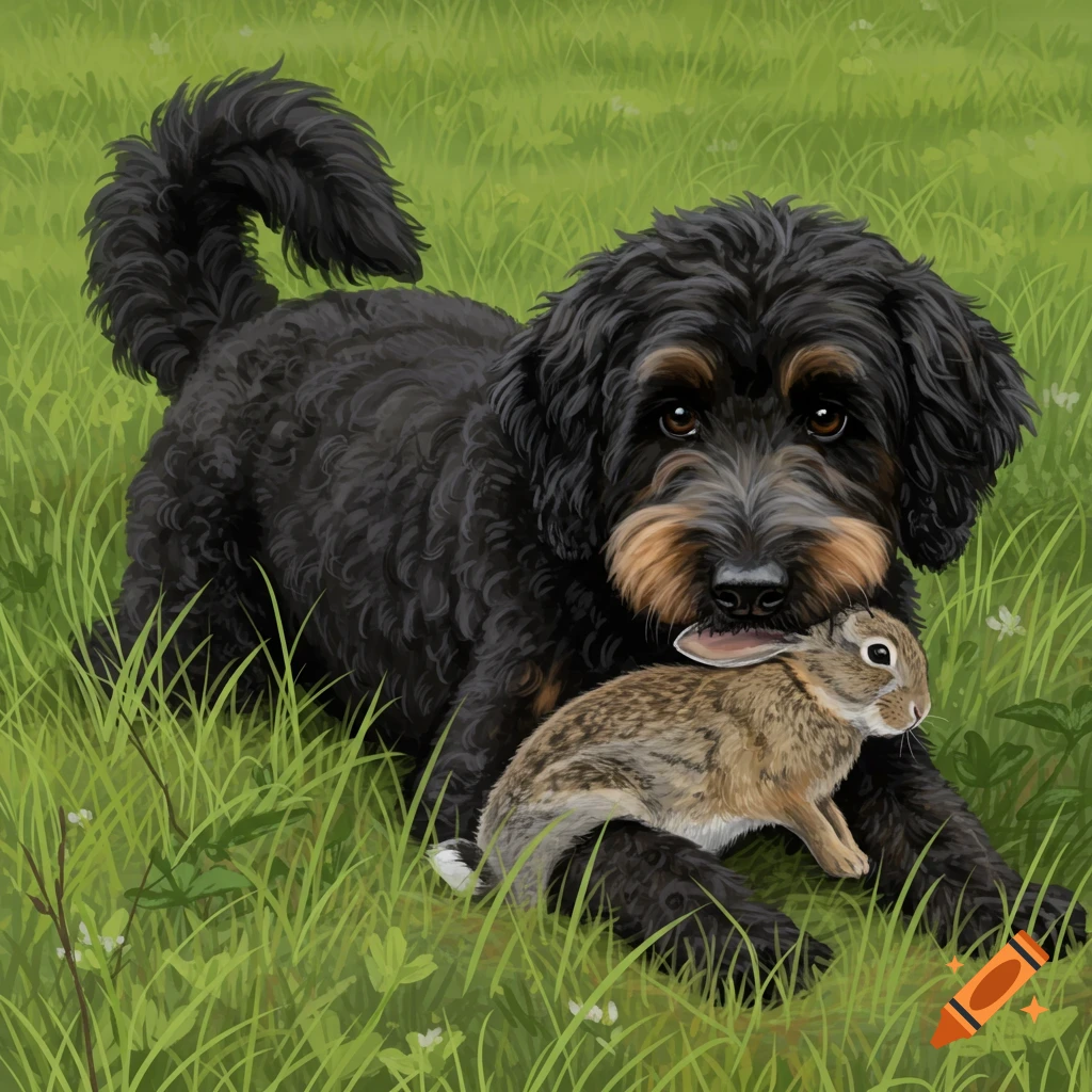 A black and tan dog holds a brown rabbit in its mouth while lying in green grass.