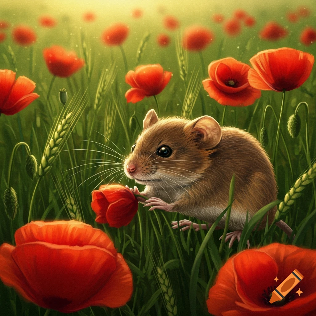 A small mouse sits among bright red poppies and green grass.