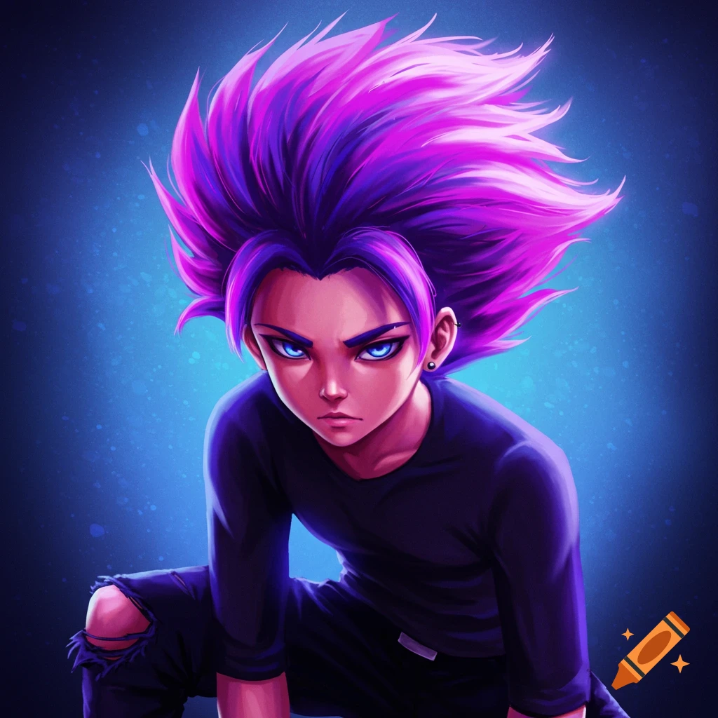 A person with spiky purple hair and blue eyes crouching.