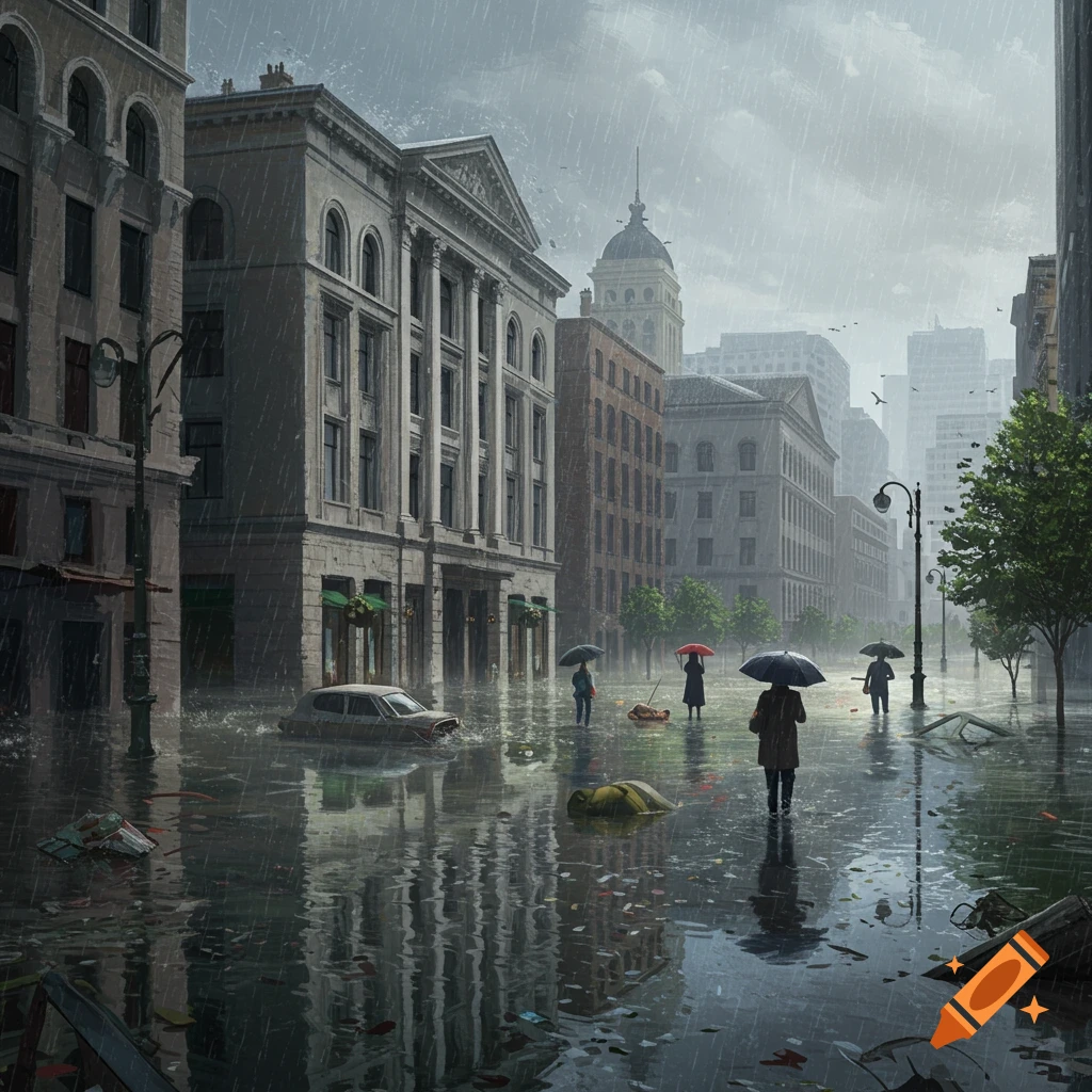 A flooded city street in heavy rain with people and umbrellas wading through the water.