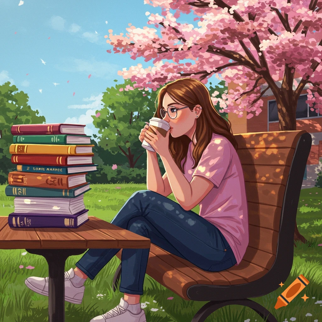 A student drinks coffee next to a stack of books under a blooming cherry blossom tree.