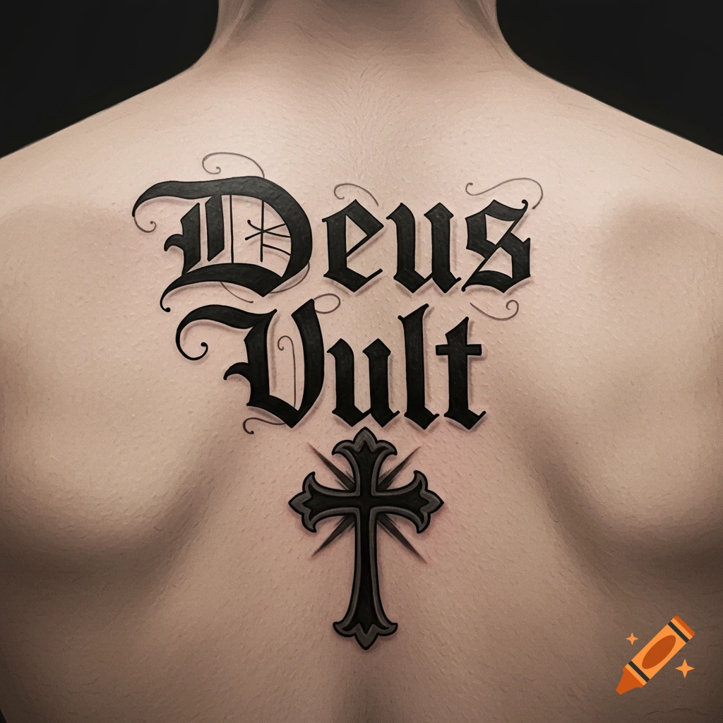 Tattoo of 'Deus Vult' in Old English font with a cross underneath on a person's back.