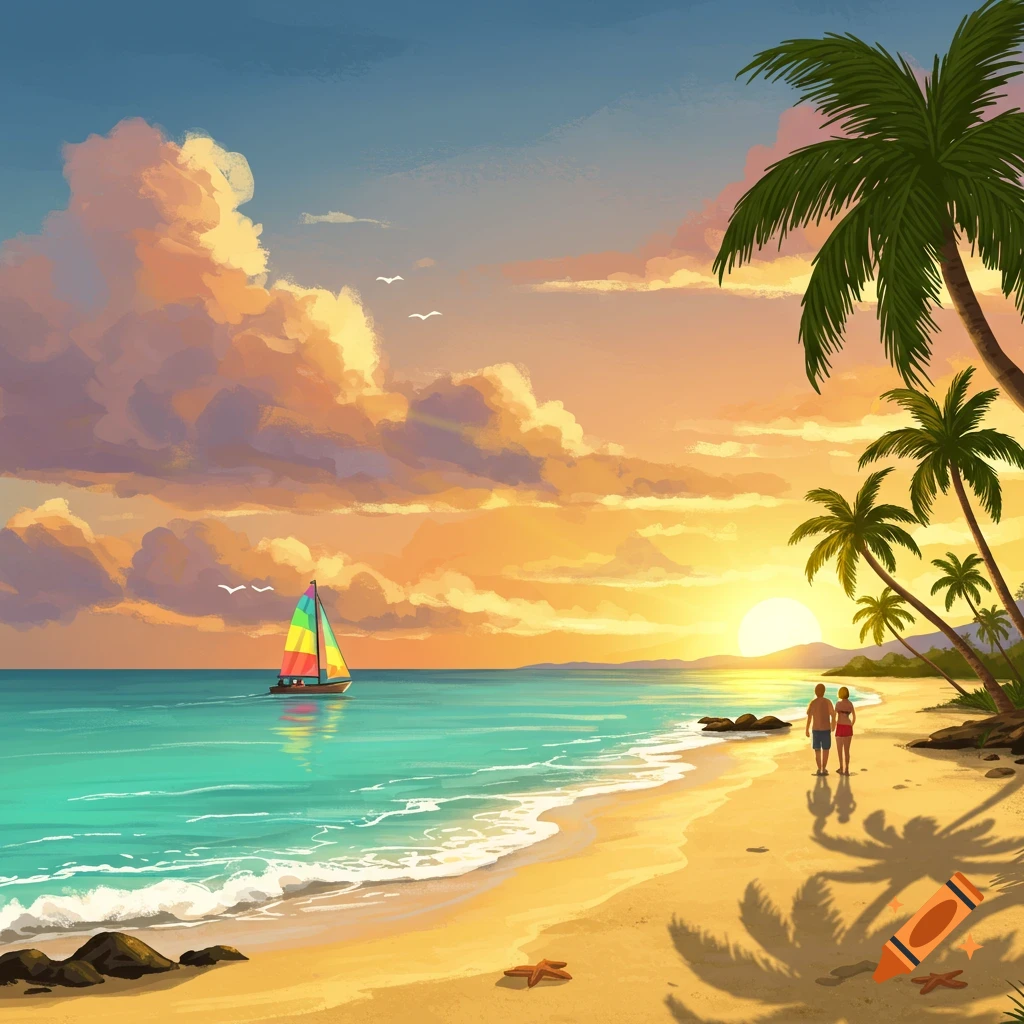 A tropical beach at sunset with a sailboat and two people walking.