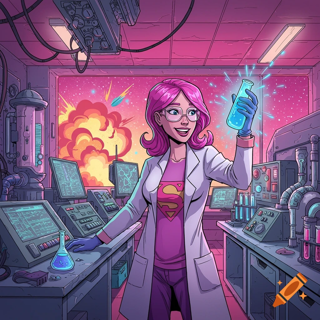 A woman with pink hair and glasses wears a lab coat over a Superman shirt, holding a glowing beaker in a futuristic lab with an explosion outside, in a comic book style.