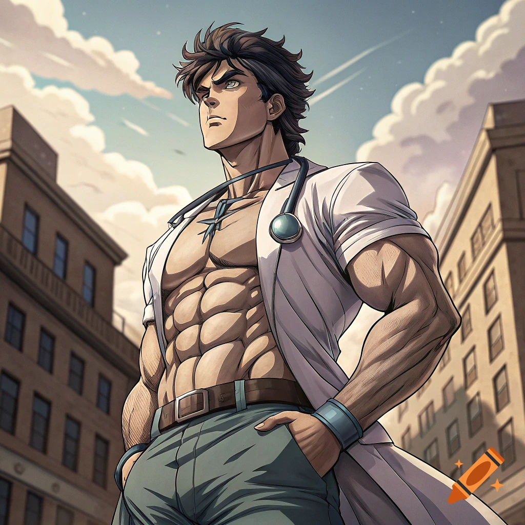 Anime style muscular man in a doctor's coat and stethoscope standing in a city street.
