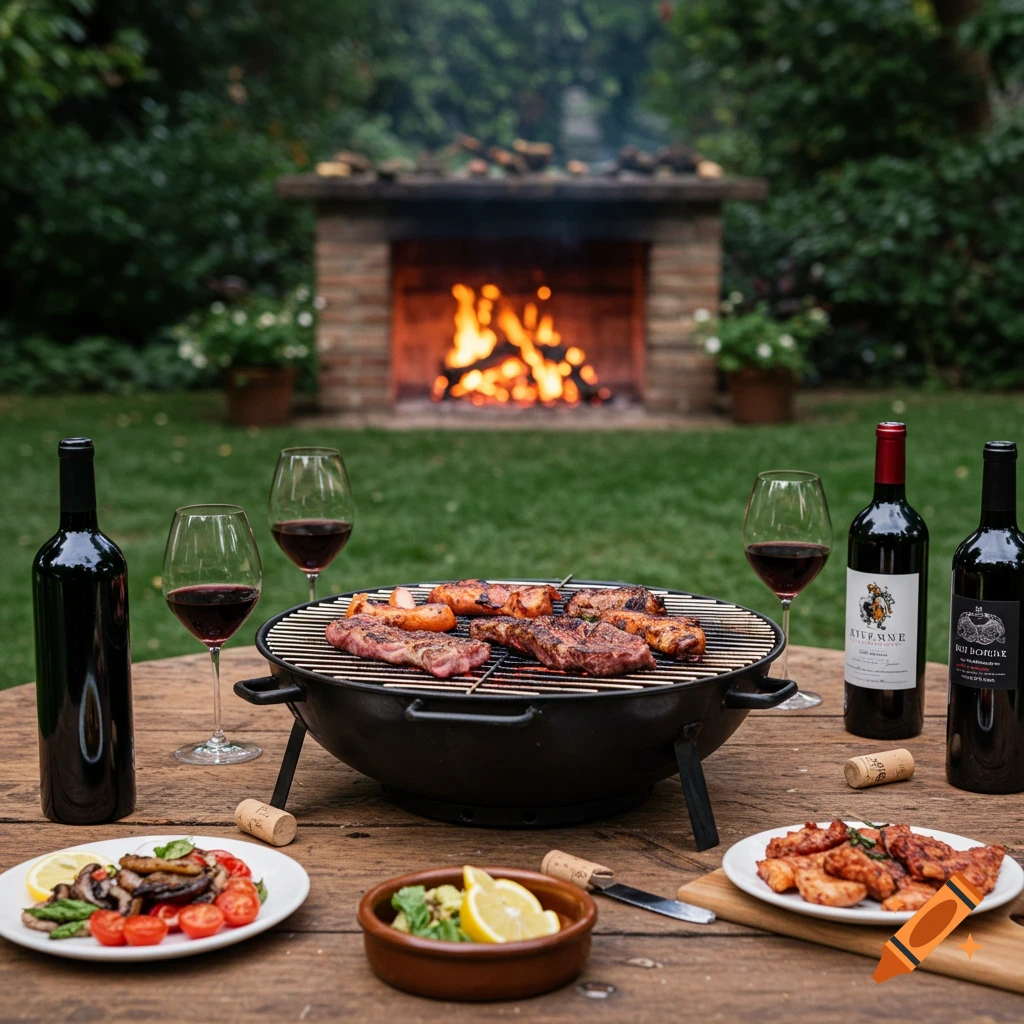 Photorealistic image of a barbecue grill laden with meat and sausages, wine bottles, glasses, and food plates on a table in a garden with a fireplace in the background.