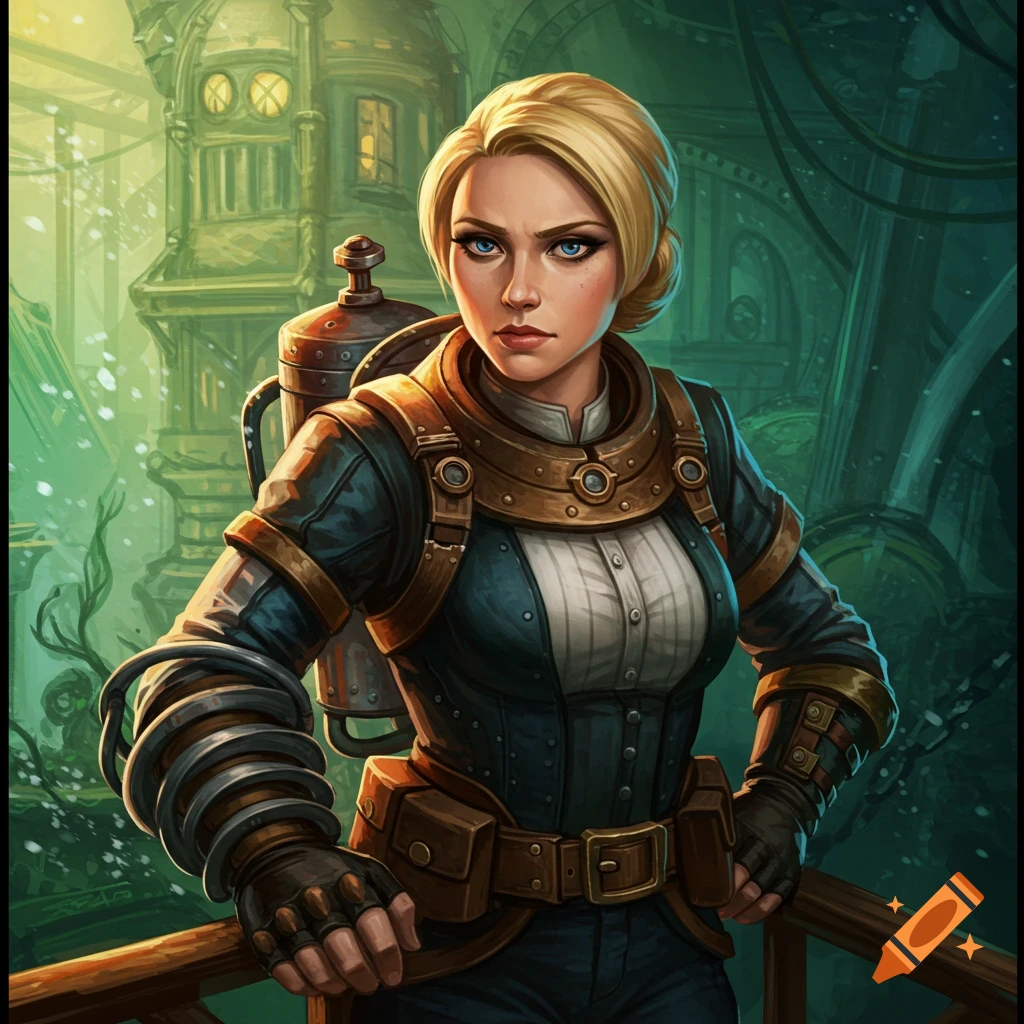 A blonde woman in steampunk gear standing in a detailed, green-lit interior.