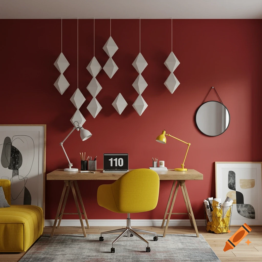 Stylish modern home office with red wall, diamond wall art, wooden desk, and yellow chair.