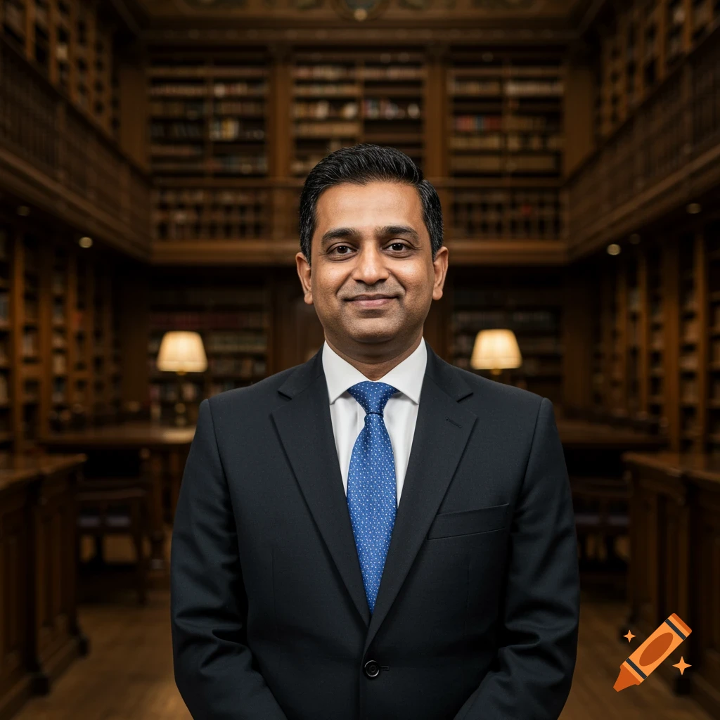 A man in a suit stands smiling in a library.