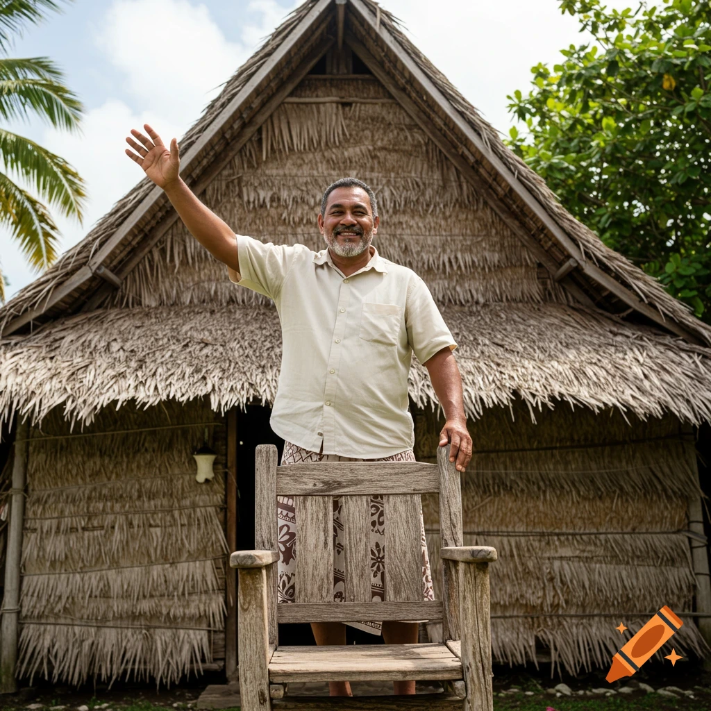 Man waves near a thatched hut behind a wooden chair