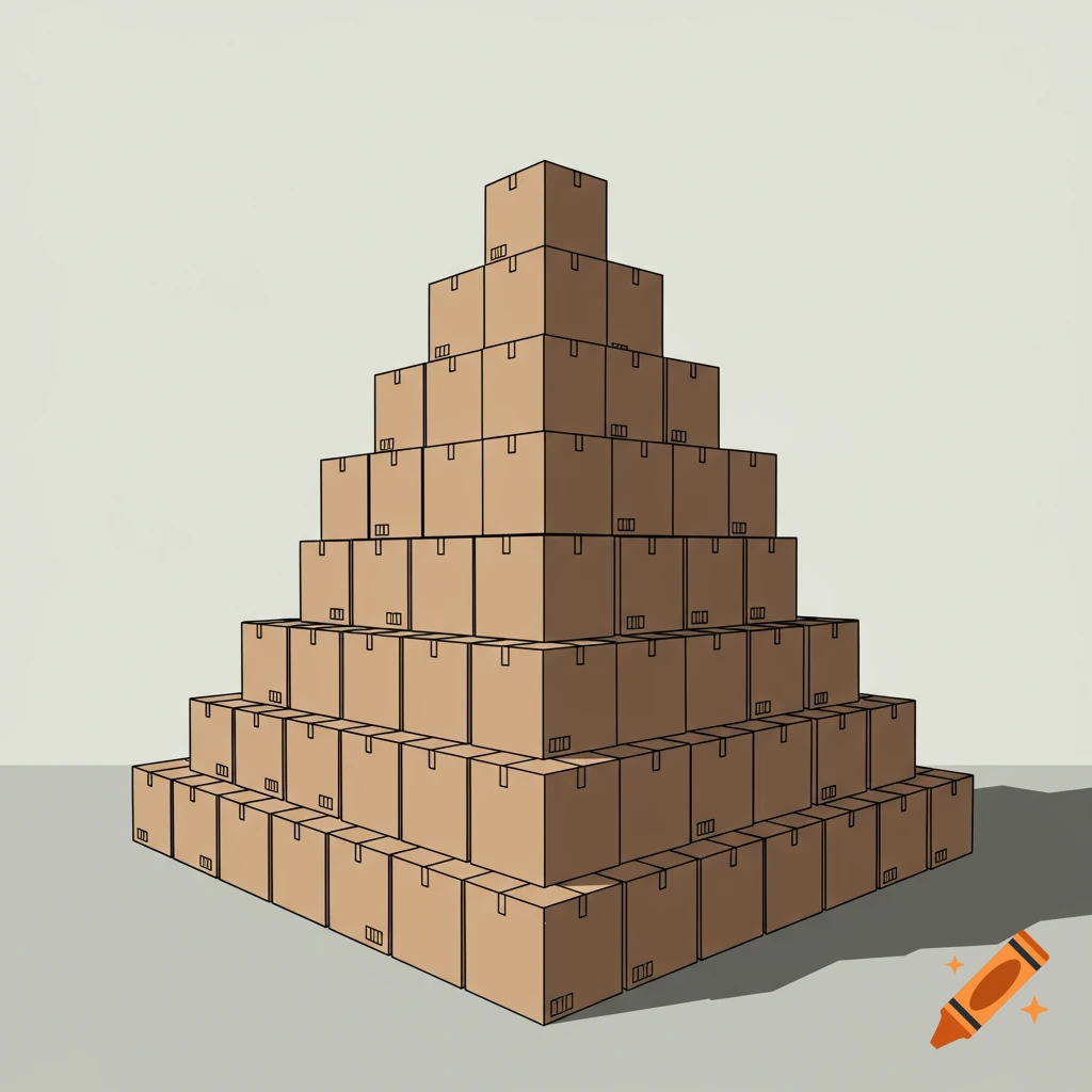 A pyramid stacked high with cardboard boxes in an illustrated style.