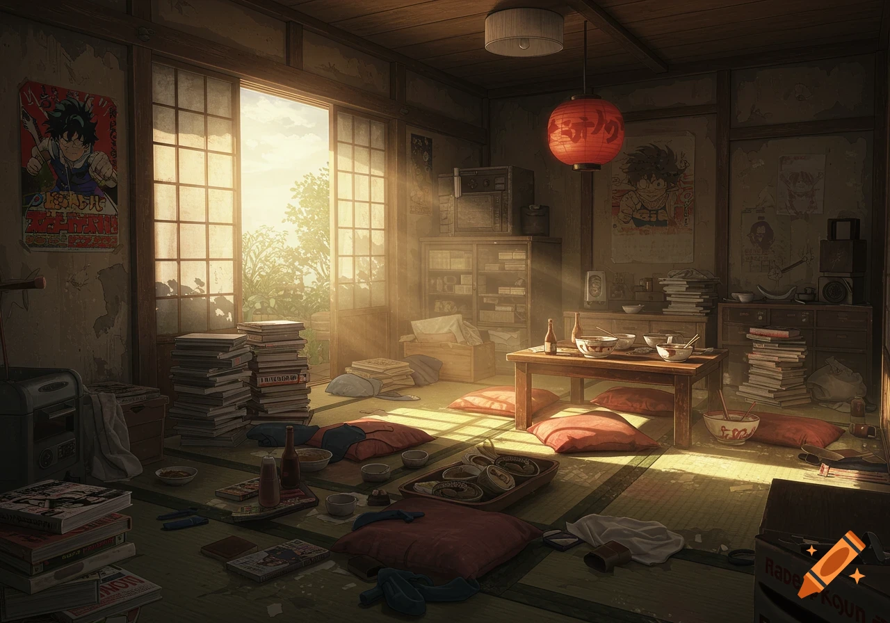 A messy, sunlit room in an anime style with posters, books, cushions, and a low table.