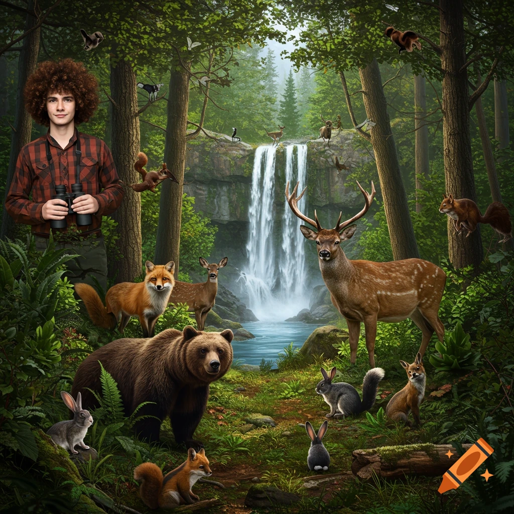 A man with binoculars in a forest with a waterfall and animals like a bear, fox, deer, squirrels, and rabbits.