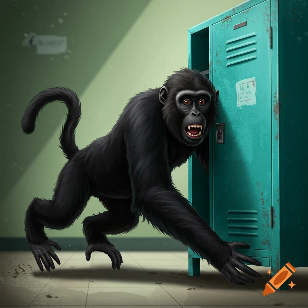 A black monkey creature with bared teeth crouches next to a blue locker in a school hallway.