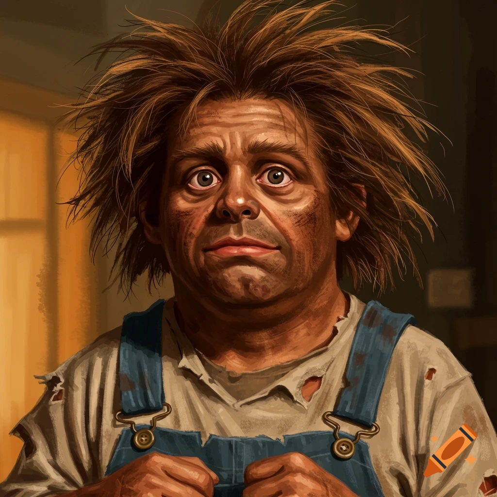 Portrait of a disheveled man in overalls with messy hair and dirty face.