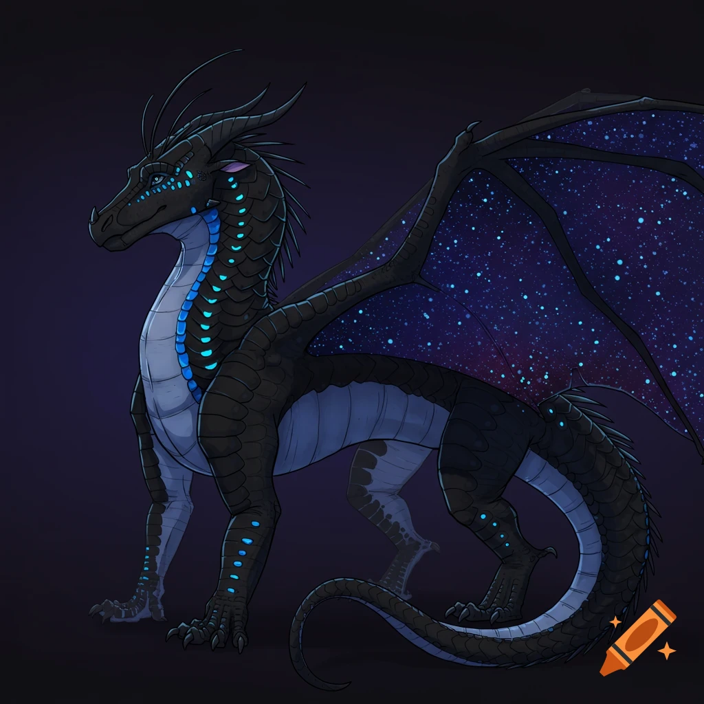 A black dragon with blue glowing scales and starry wings.