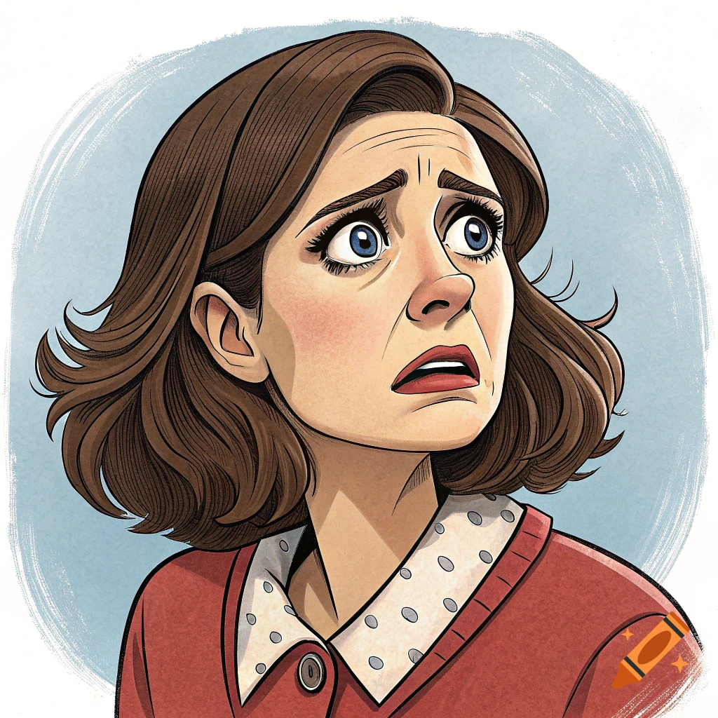 Cartoon portrait of a woman with a distressed expression