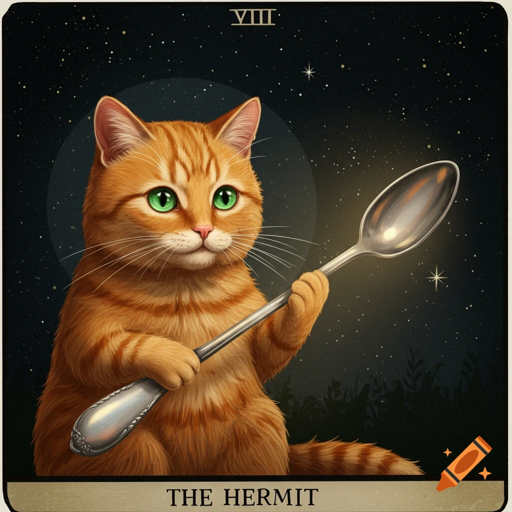 A tarot card illustration of an orange tabby cat holding a large spoon against a starry night background. Text reads 'VIII' and 'THE HERMIT'.