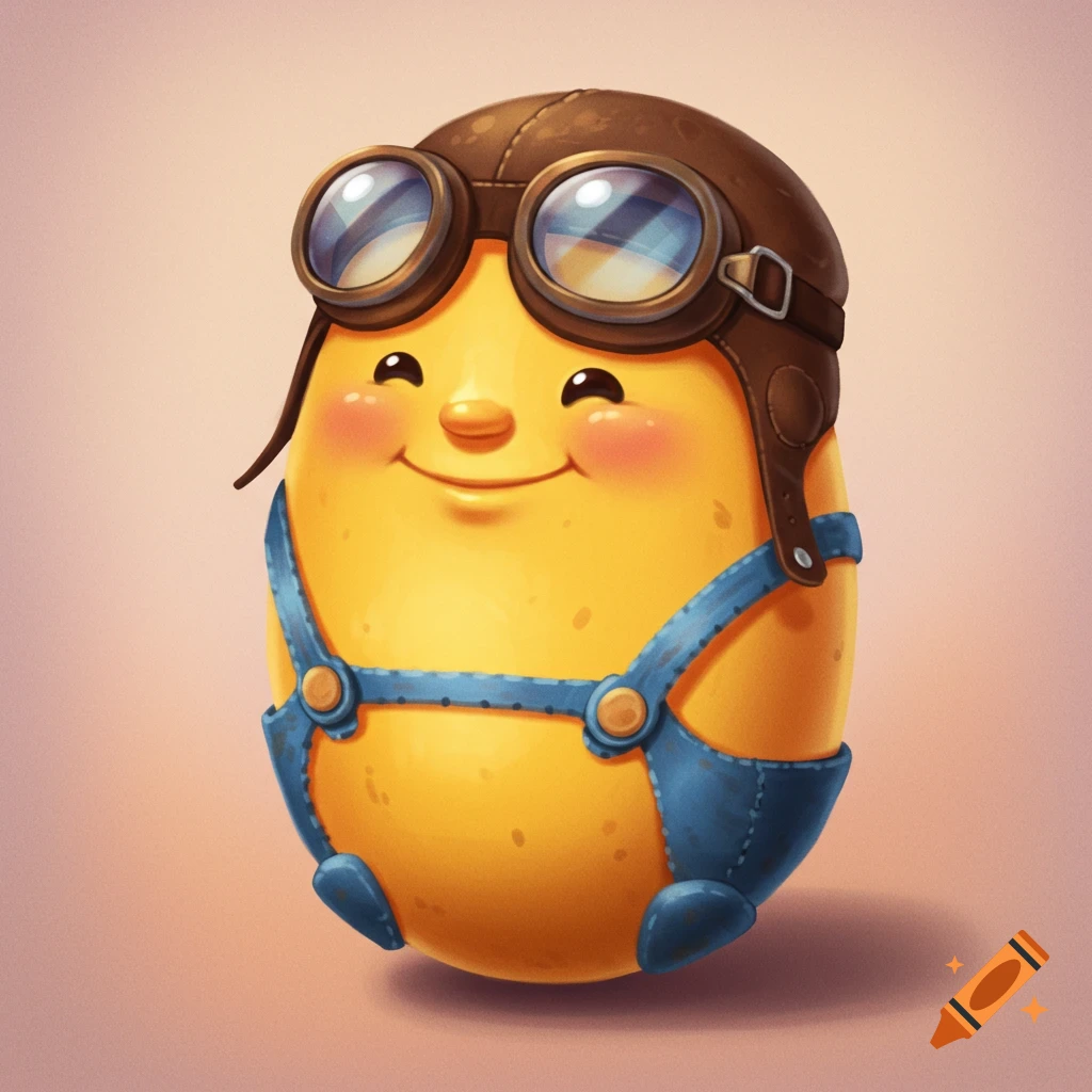 A cute cartoon potato is wearing goggles and blue overalls.