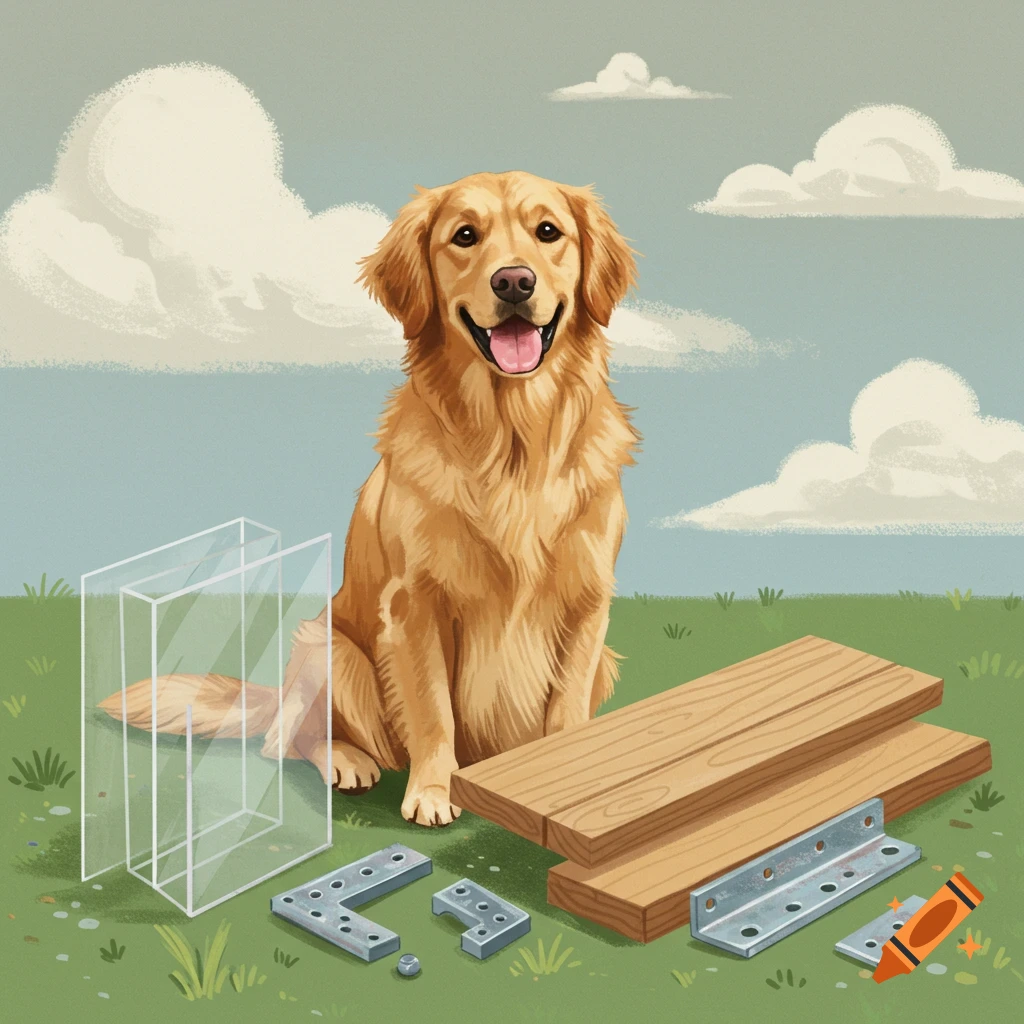 A golden retriever is sitting next to building materials made of wood, plastic, and metal.
