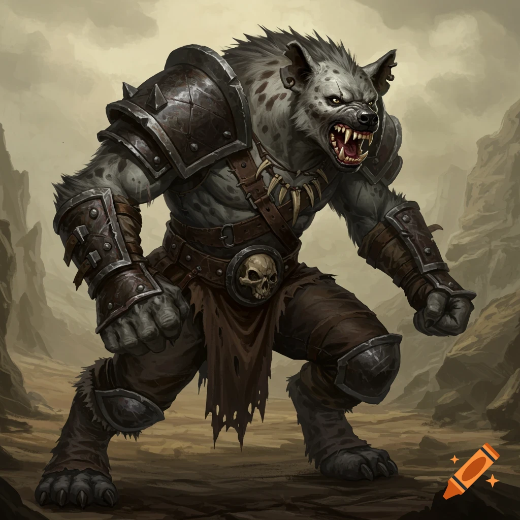 A hyena-headed fantasy creature in leather and metal armor stands in an aggressive stance in a rocky landscape.
