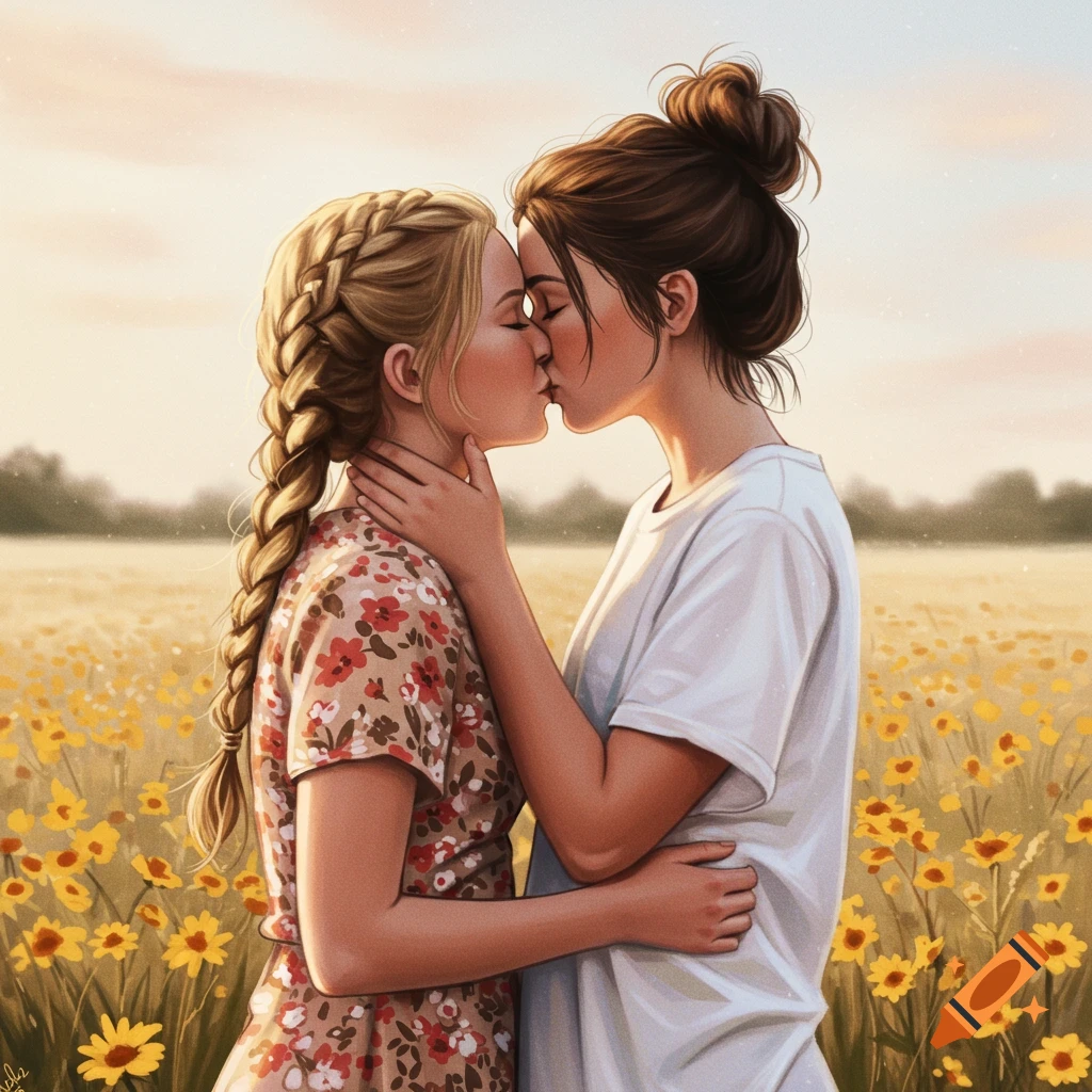 A romantic couple kissing in a field of yellow flowers.